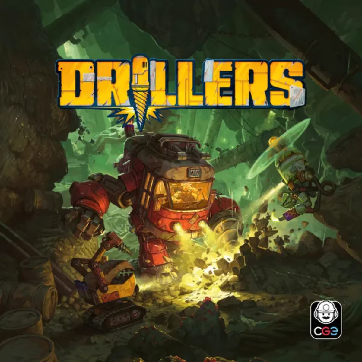 Drillers strategy board game artwork showing mining mechs exploring an underground mine