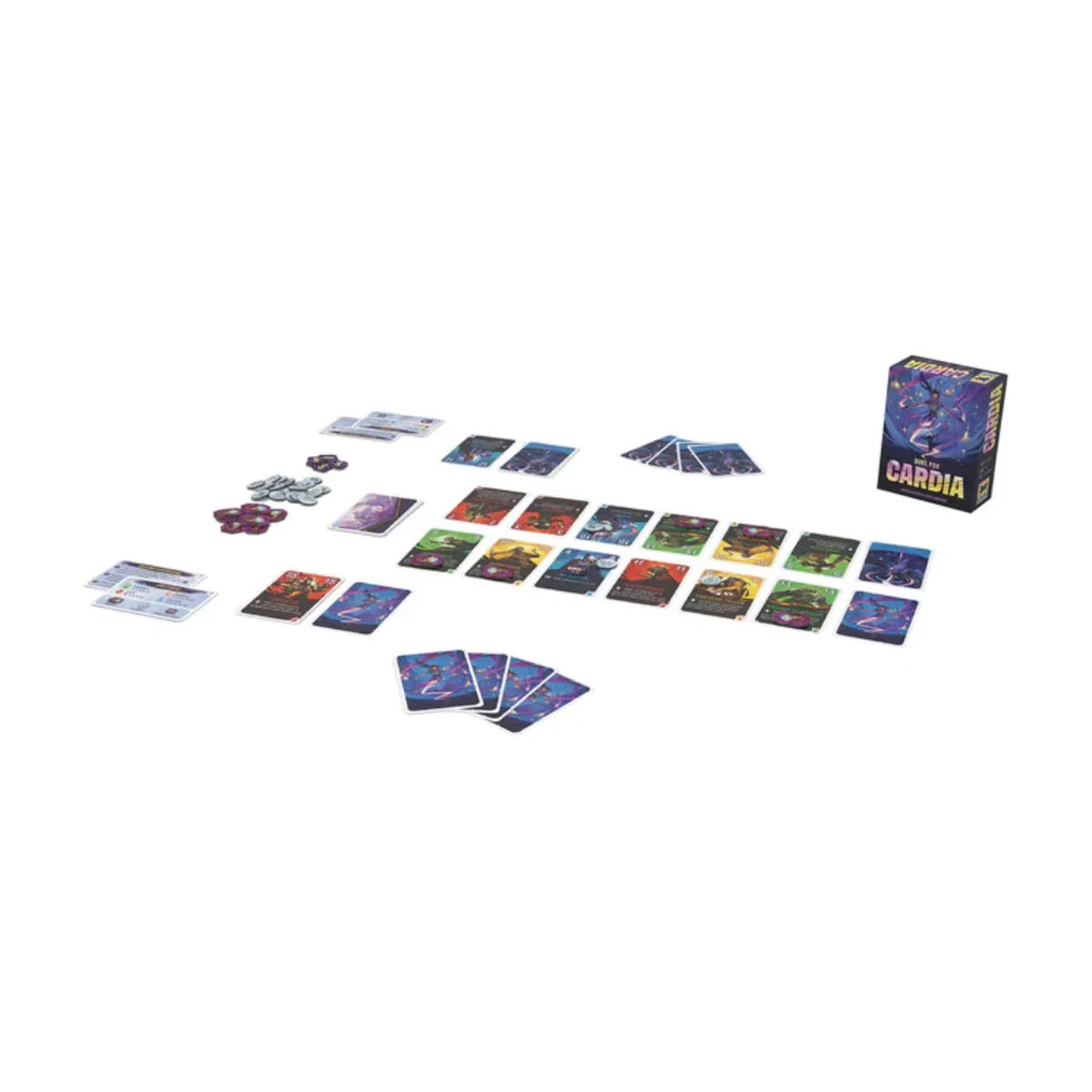 Duel for Cardia game setup showing Character cards, player hands, tokens and the game box