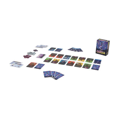 Duel for Cardia game setup showing Character cards, player hands, tokens and the game box
