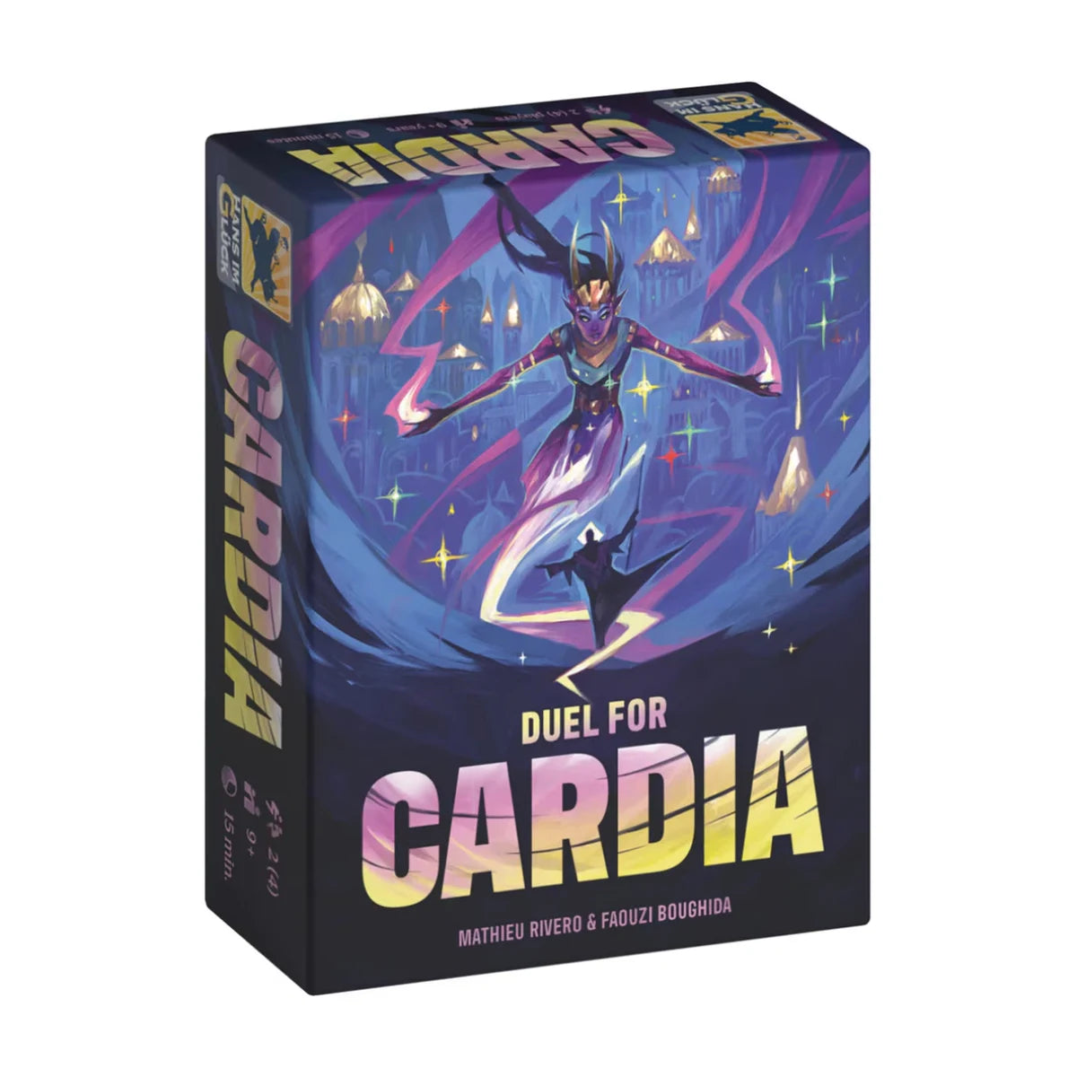 Duel for Cardia strategy card game box front featuring a magical character above the city of Cardia