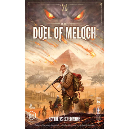 Duel of Meloch board game box front showing Scythe vs Expeditions artwork