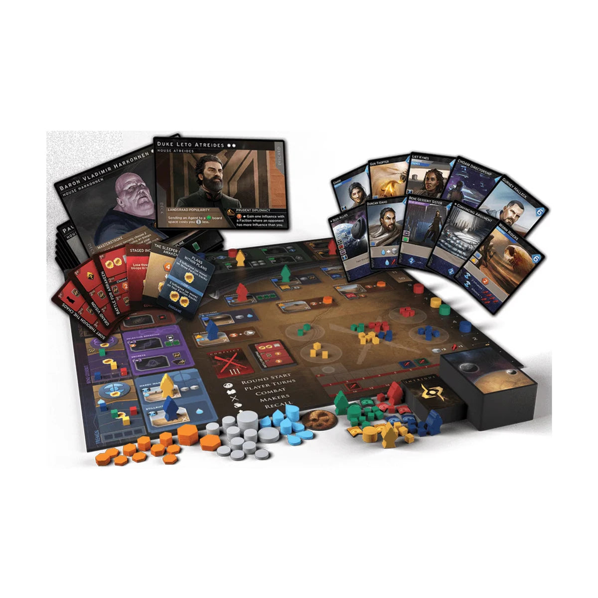 Dune Imperium game board, cards, Leaders, tokens and player components