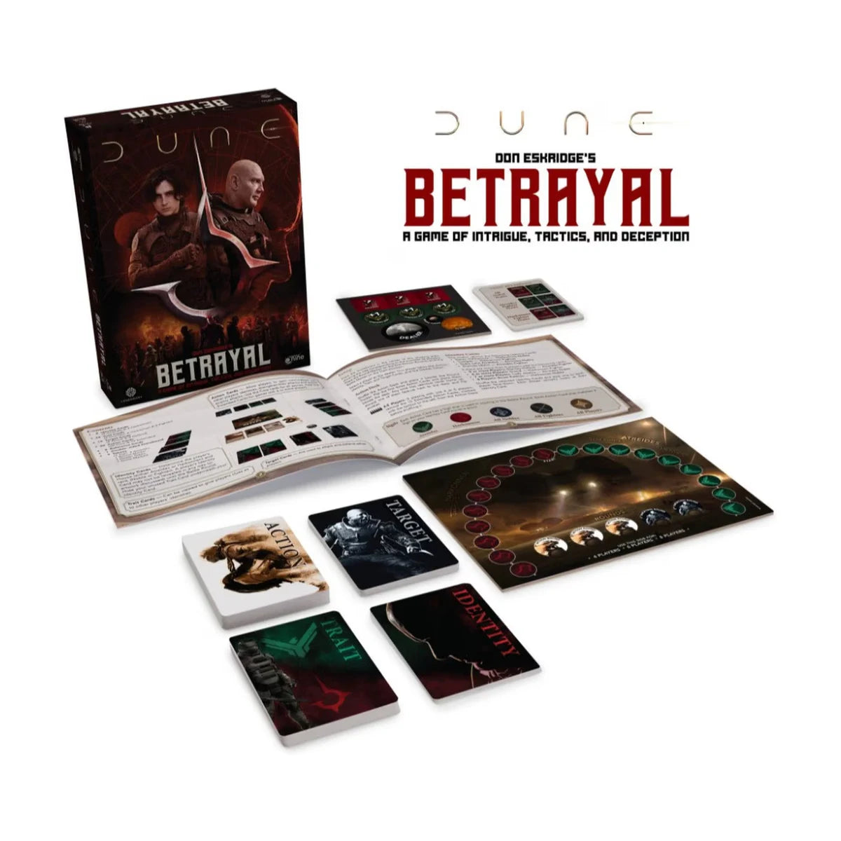 Dune Betrayal board game components with cards, board and rulebook