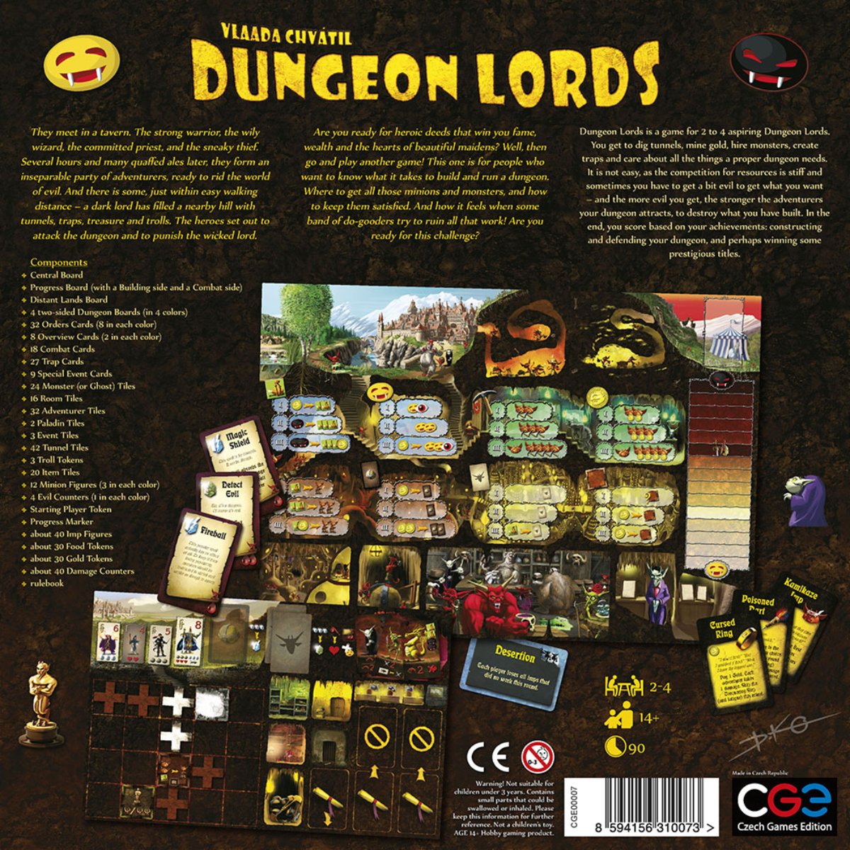 Dungeon Lords board game back of box showing dungeon boards cards tiles monsters adventurers and components