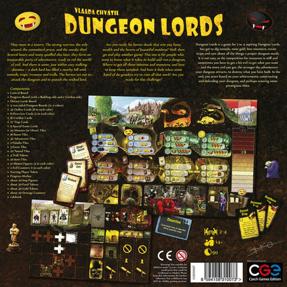 Dungeon Lords board game back of box showing dungeon boards cards tiles monsters adventurers and components