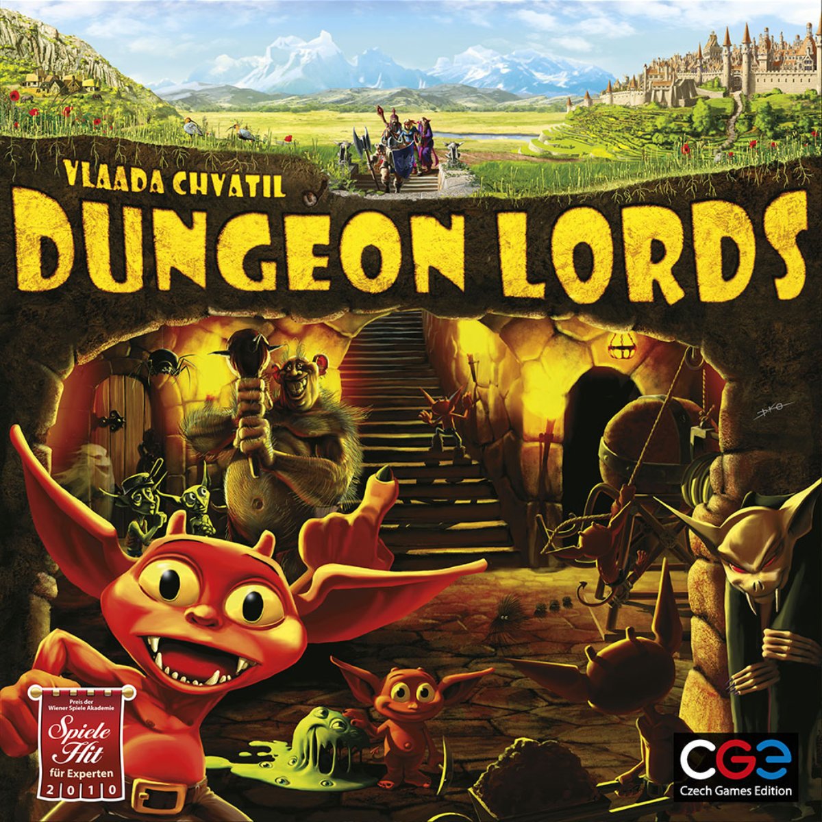 Dungeon Lords board game cover artwork with monsters adventurers and underground dungeon