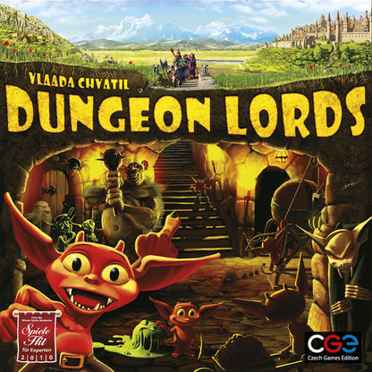 Dungeon Lords board game cover artwork with monsters adventurers and underground dungeon