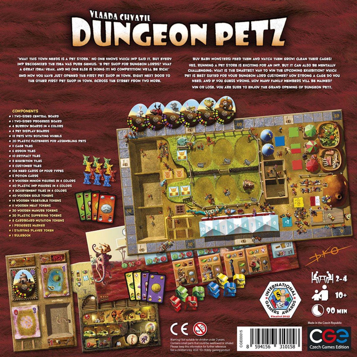 Dungeon Petz board game back of box showing game board cards tokens pets cages and component overview
