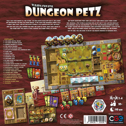 Dungeon Petz board game back of box showing game board cards tokens pets cages and component overview