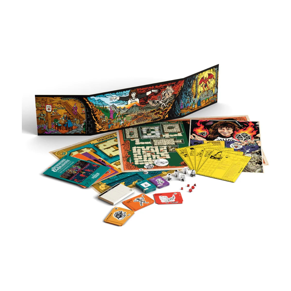 Welcome to the Hellfire Club game contents showing maps, cards, dice, tokens, booklets and Dungeon Master screen