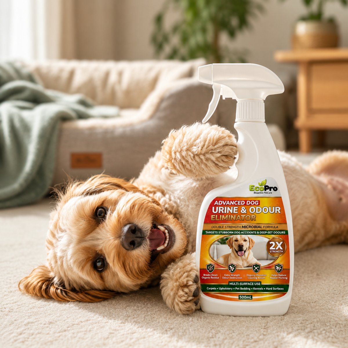 EcoPro Advanced Dog Urine & Odour Eliminator 500 ml with dog in home setting