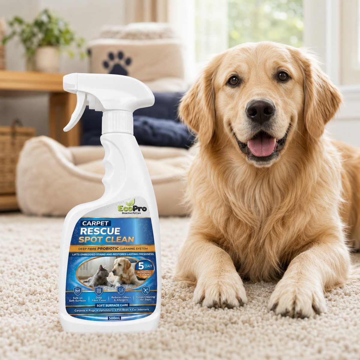 EcoPro Carpet Rescue Spot Clean 500 ml with dog in a carpeted room