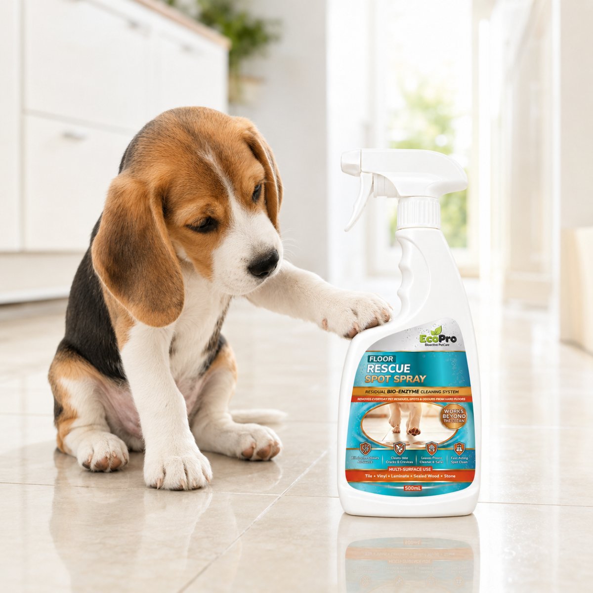 EcoPro Floor Rescue Spot Spray 500 ml beside a dog on a hard floor