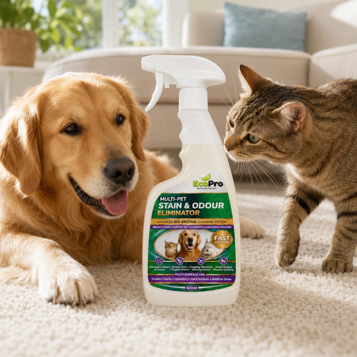 EcoPro Multi-Pet Stain & Odour Eliminator 500 ml with dog and cat indoors