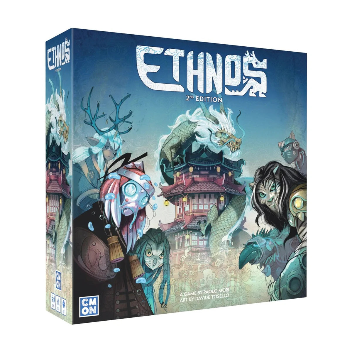 Ethnos 2nd Edition board game box by CMON featuring the Clans of Ethnos around a dragon temple
