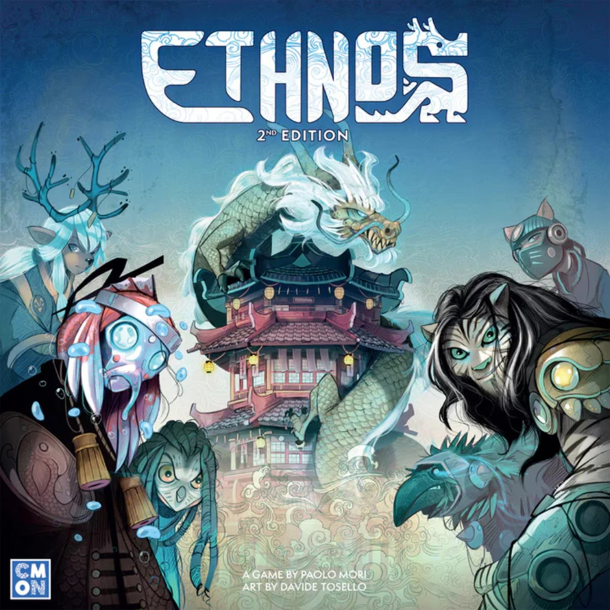 Ethnos 2nd Edition board game front cover artwork featuring fantasy Clans surrounding a dragon and temple