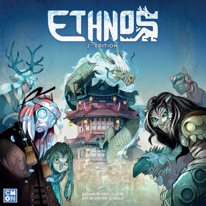 Ethnos 2nd Edition board game front cover artwork featuring fantasy Clans surrounding a dragon and temple