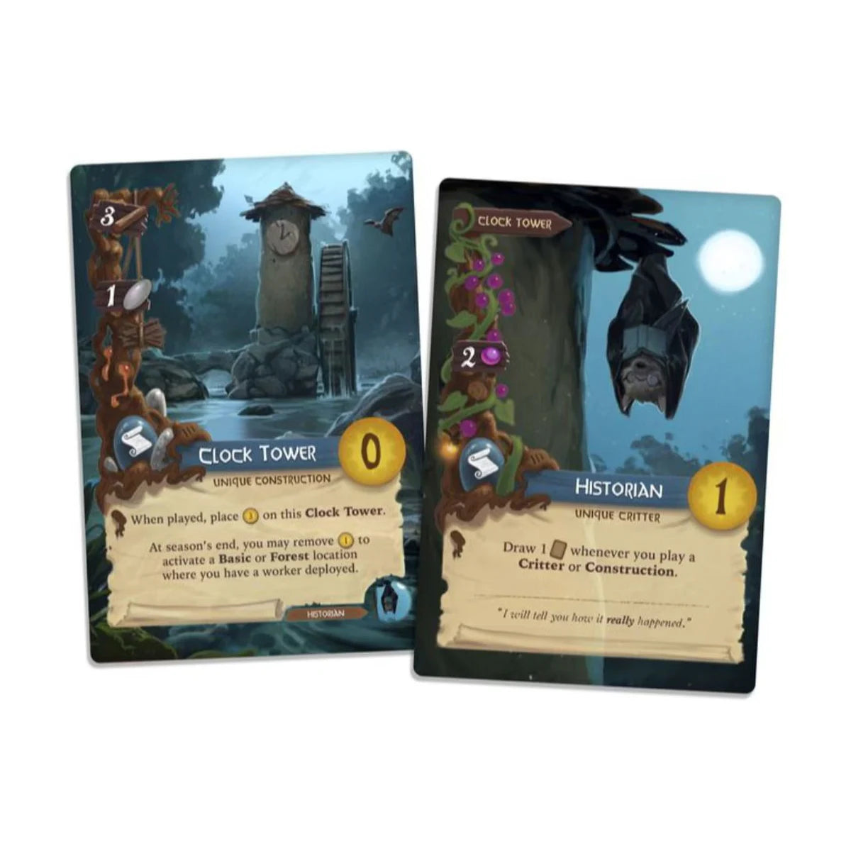 Everdell Clock Tower construction card and Historian critter card