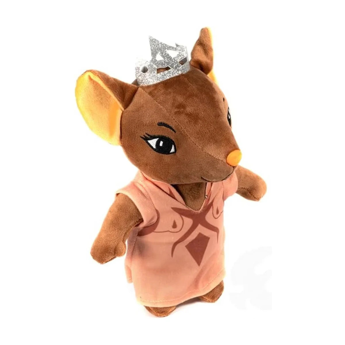 Everdell Cozy Critters Amilla Glistendew plush angled view with peach outfit and silver crown