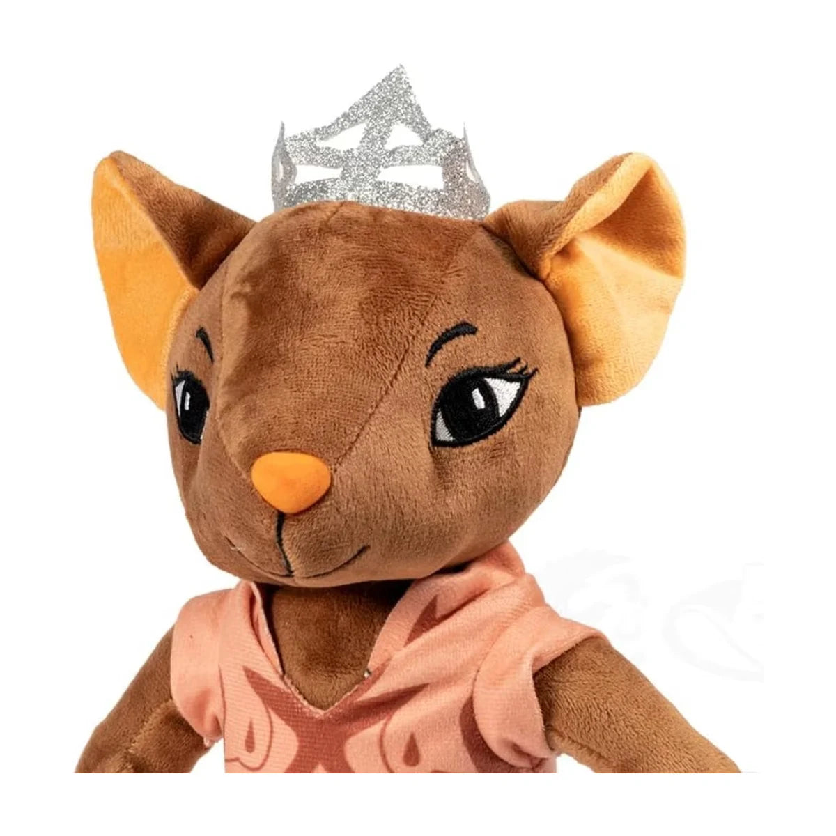 Close-up of Everdell Cozy Critters Amilla Glistendew plush showing embroidered face and silver crown