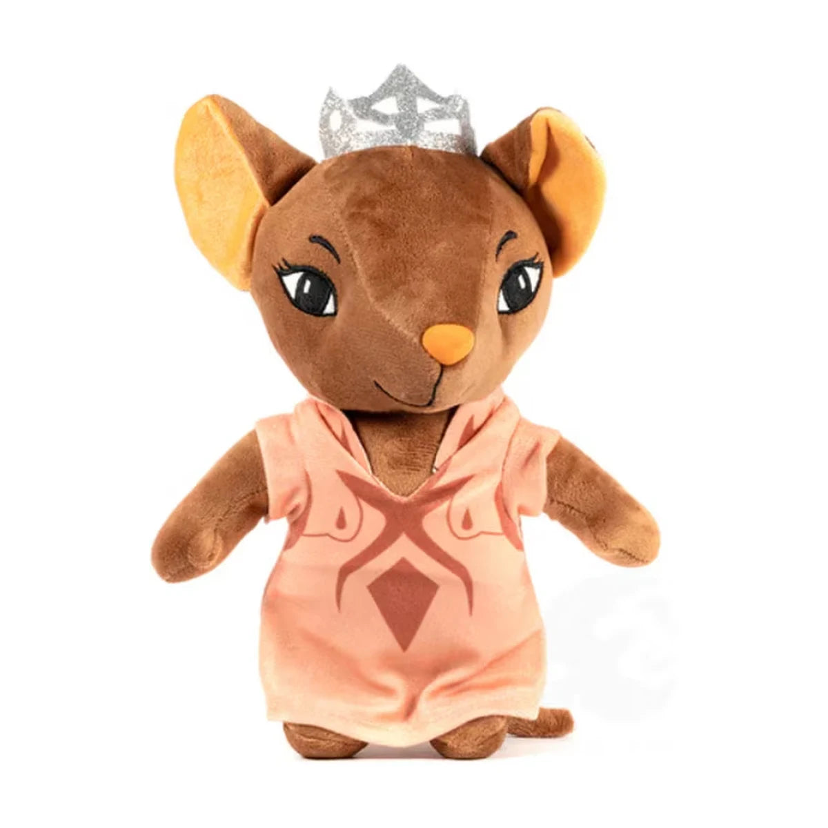 Everdell Cozy Critters Amilla Glistendew plush front view wearing a peach outfit and silver crown