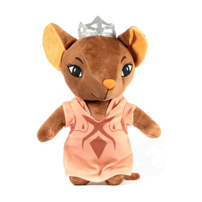 Everdell Cozy Critters Amilla Glistendew plush front view wearing a peach outfit and silver crown