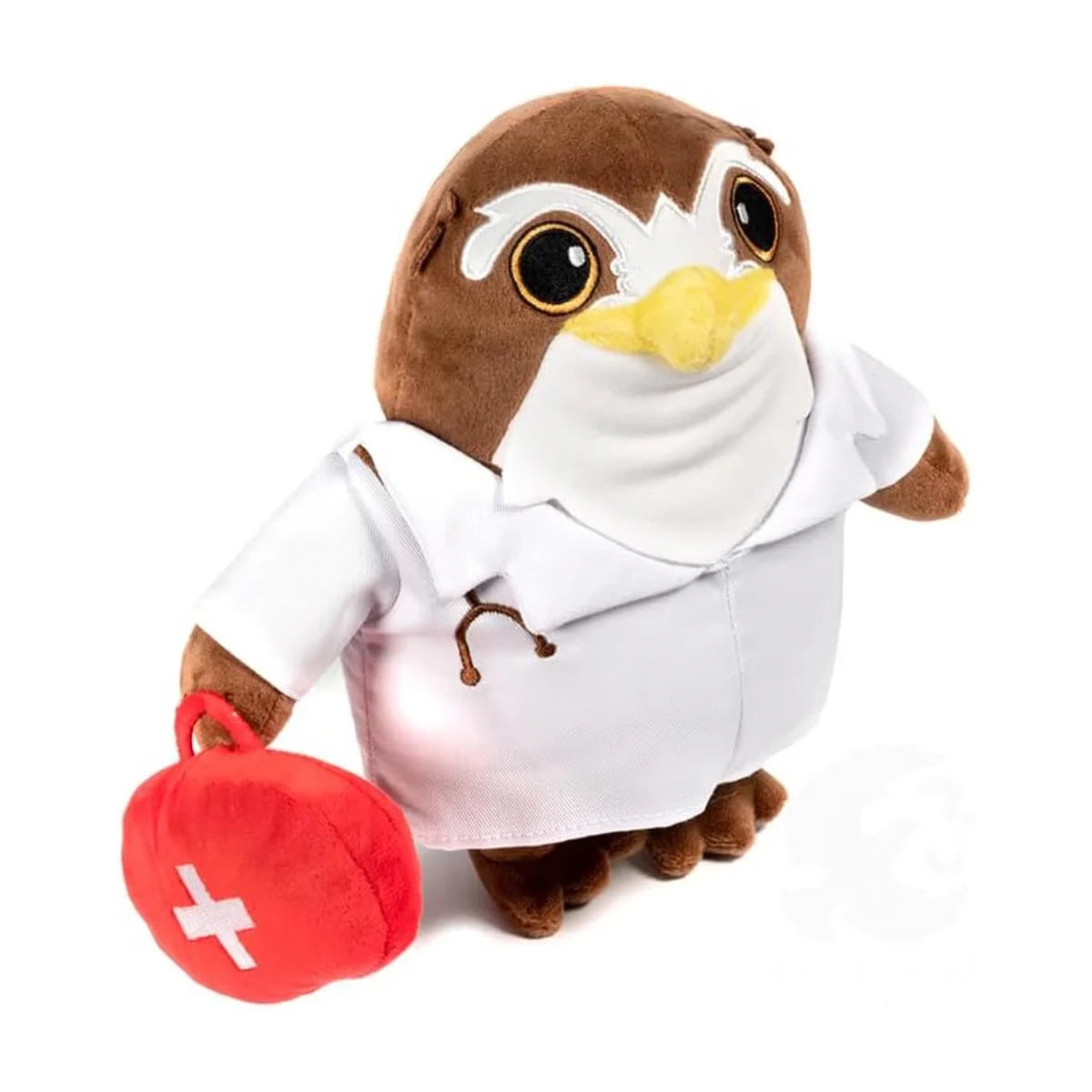 Everdell Cozy Critters Doctor plush angled view with white doctor coat and red medical bag