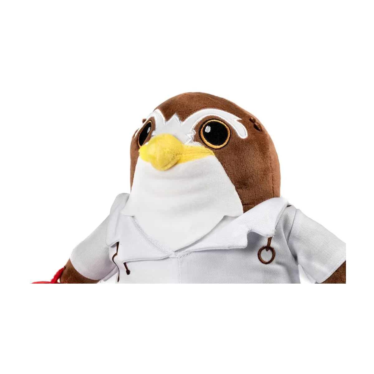 Close-up of Everdell Cozy Critters Doctor plush showing embroidered face and white doctor coat