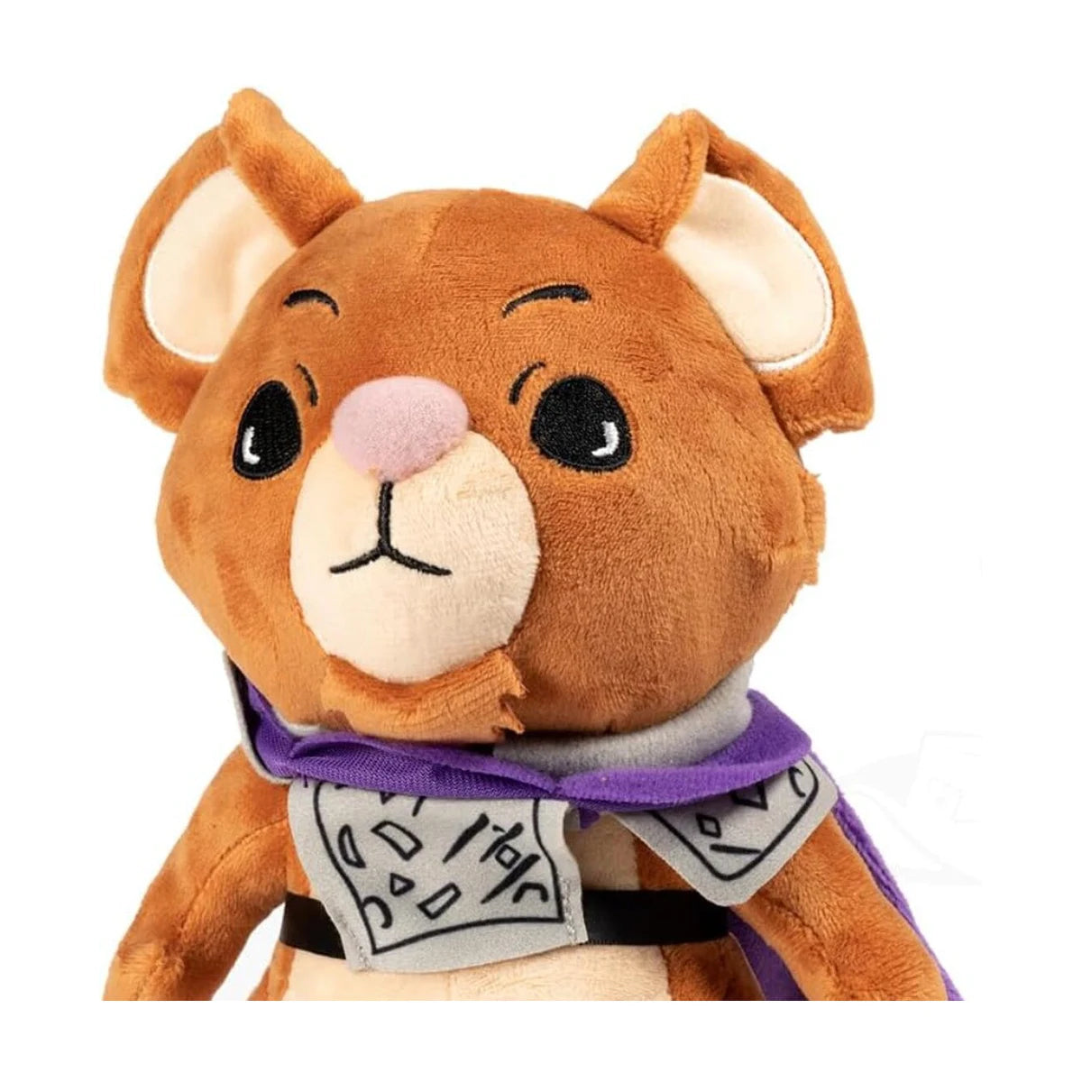 Close-up of Everdell Cozy Critters Fynn Nobletail plush with embroidered face and purple cape