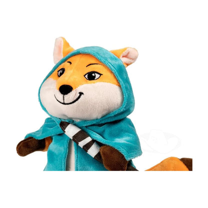 Close-up of Everdell Cozy Critters Hero plush with teal hood and embroidered face