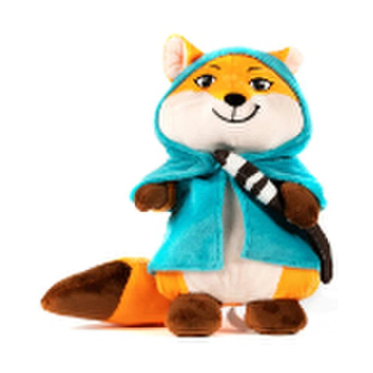 Everdell Cozy Critters Hero plush alternate front view with teal cloak and striped accessory