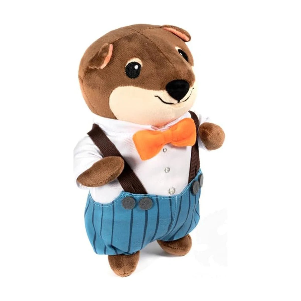 Everdell Cozy Critters Shopkeeper plush angled view showing suspenders and blue striped trousers