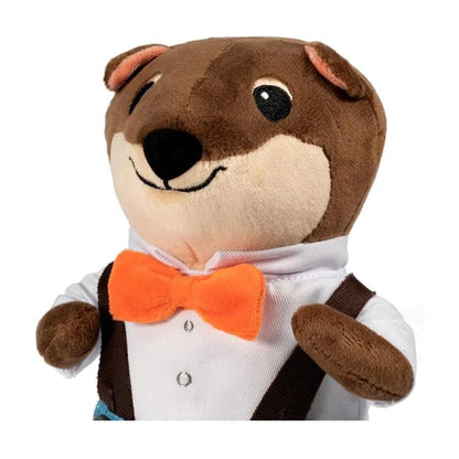 Close-up of Everdell Cozy Critters Shopkeeper plush with orange bow tie