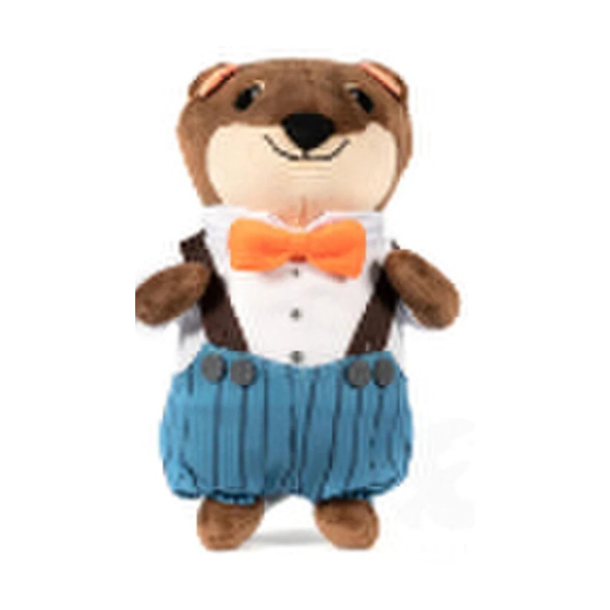 Everdell Cozy Critters Shopkeeper plush front view with orange bow tie and blue striped trousers