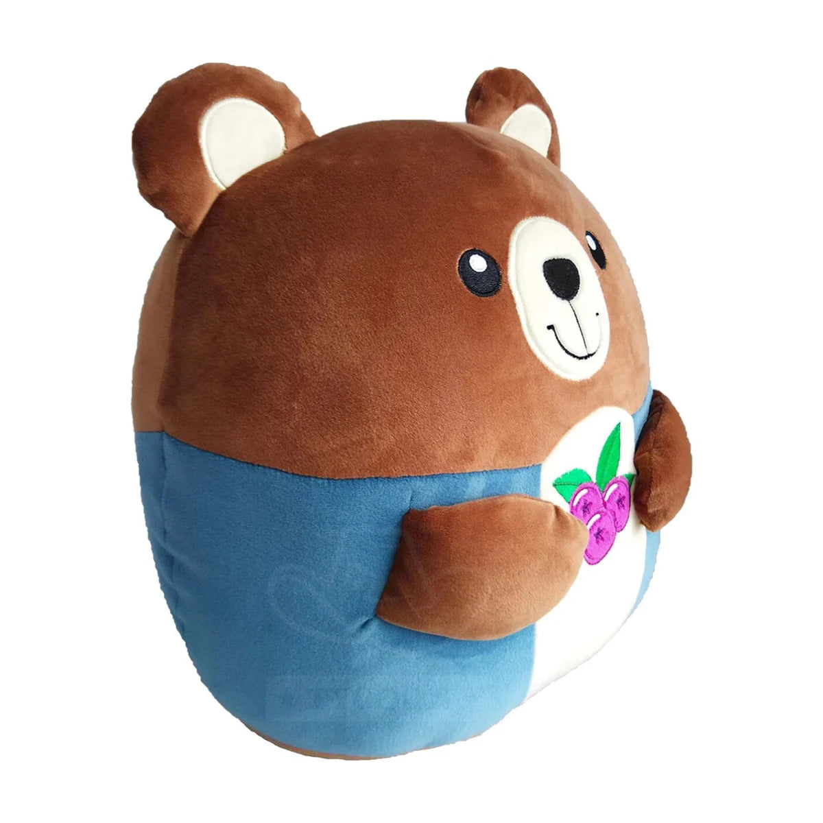 Everdell Cozy Critters Berry Bear plush angled view showing brown and blue design