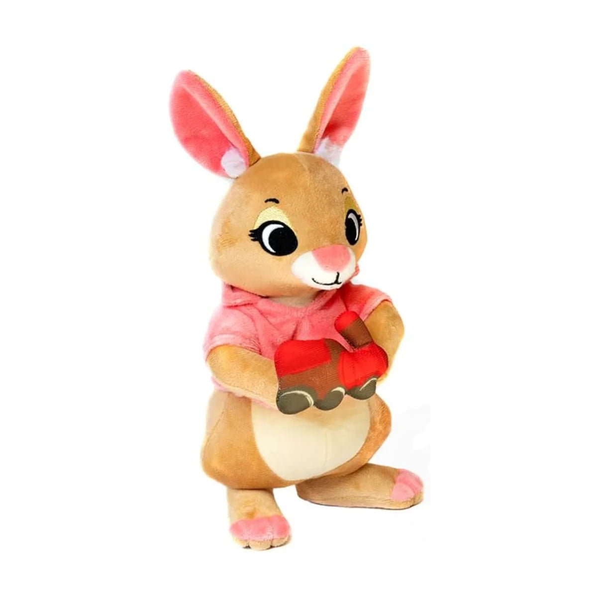 Everdell Cozy Critters Toymaker plush angled view wearing a pink outfit and holding a toy train
