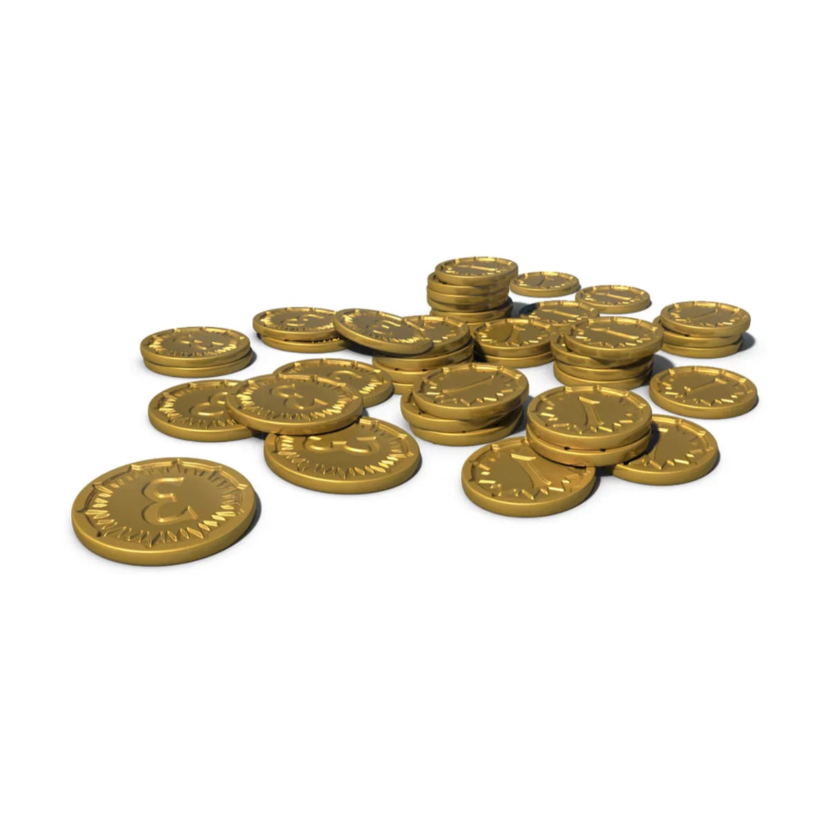 Gold-coloured metal point tokens from the Everdell Essentials Edition Upgrade Pack