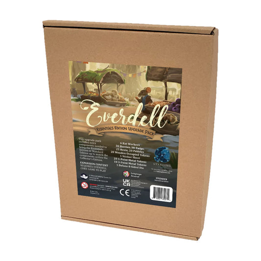 Everdell Essentials Edition Upgrade Pack packaging showing the included premium component list