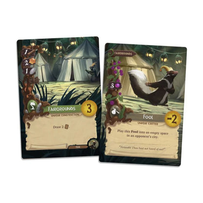 Everdell Fair Grounds construction card and Fool critter card