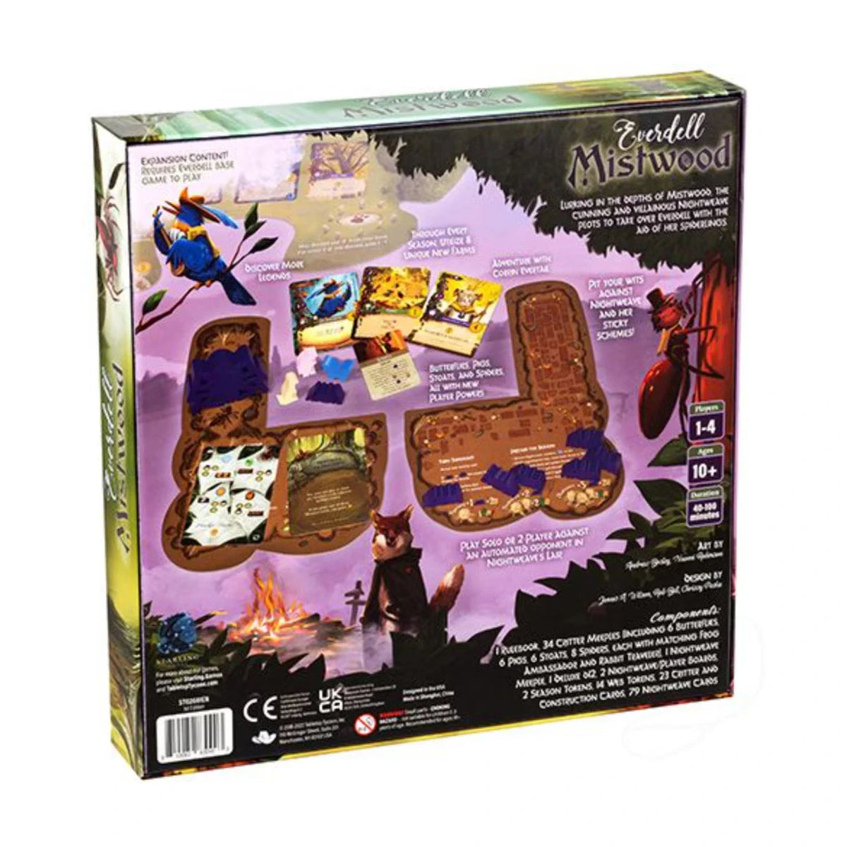 Back of Everdell Mistwood Expansion box showing features, Nightweave mode and contents