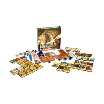 Everdell Mistwood Expansion components spread showing cards, boards, meeples and tokens