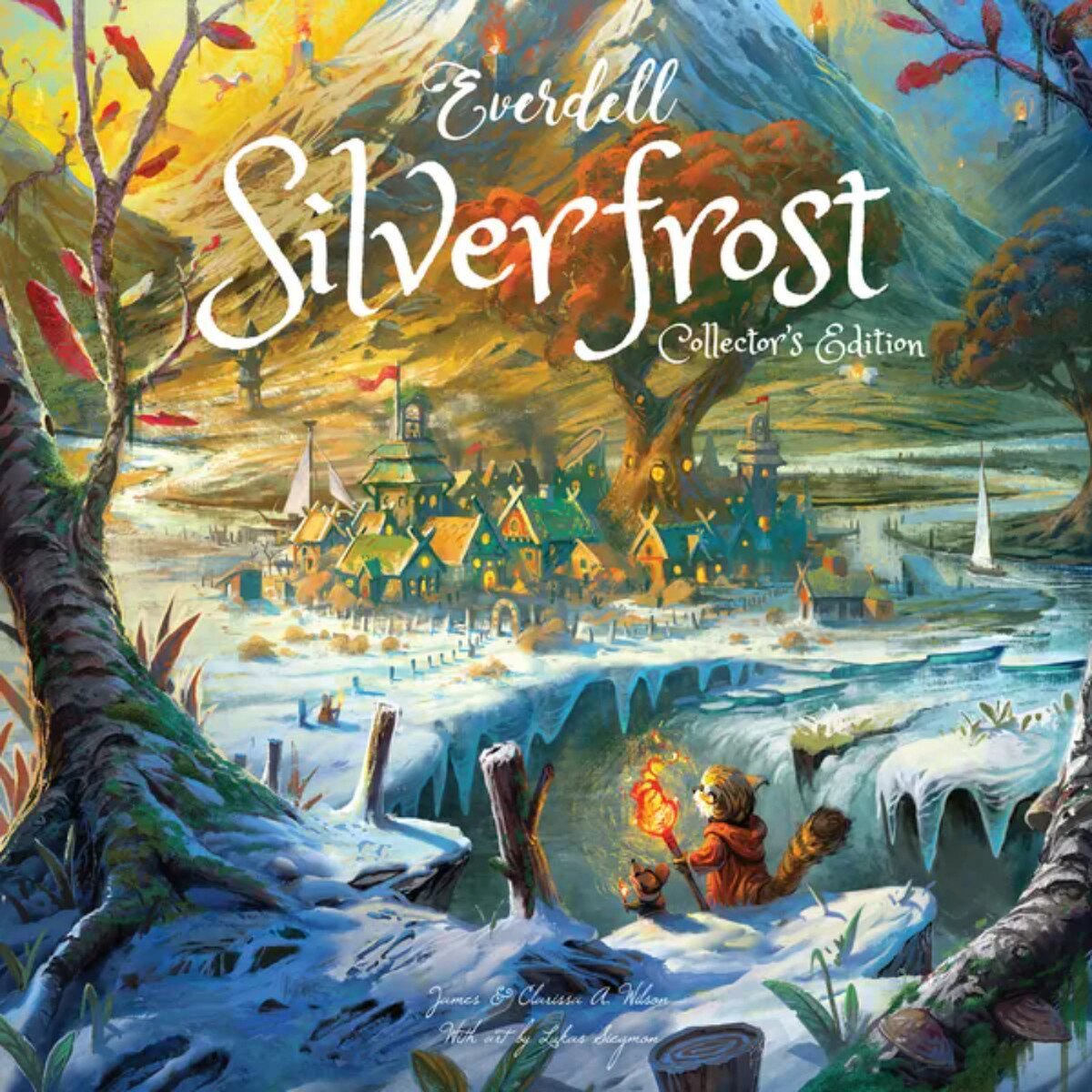 Everdell Silverfrost Collector’s Edition artwork showing a snowy critter settlement beyond the Spirecrest mountains