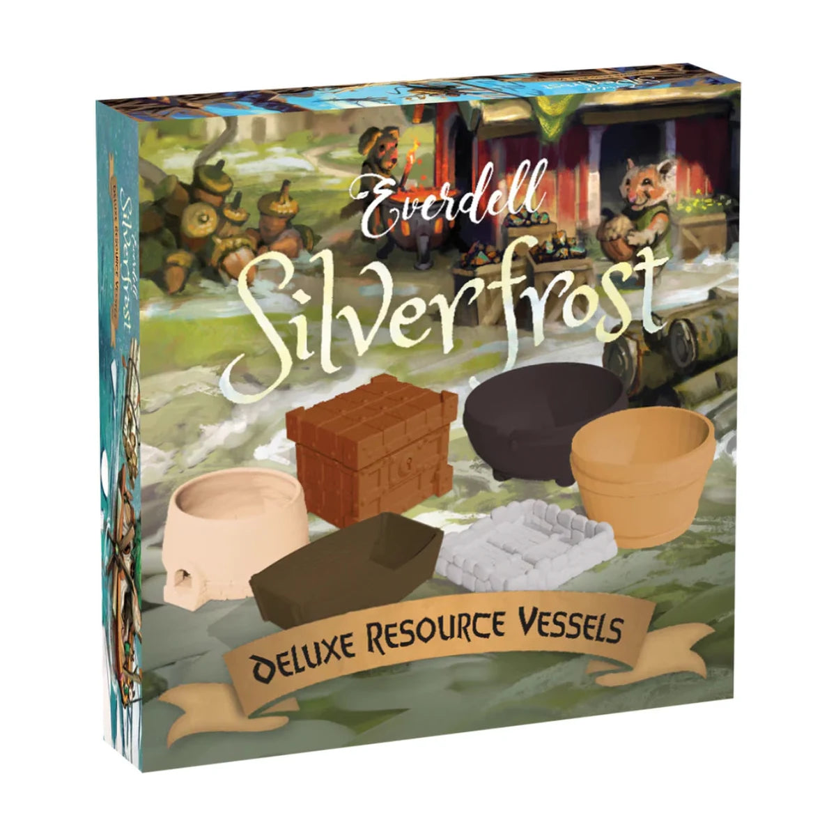 Everdell Silverfrost Deluxe Resource Vessels box showing six themed resource holders