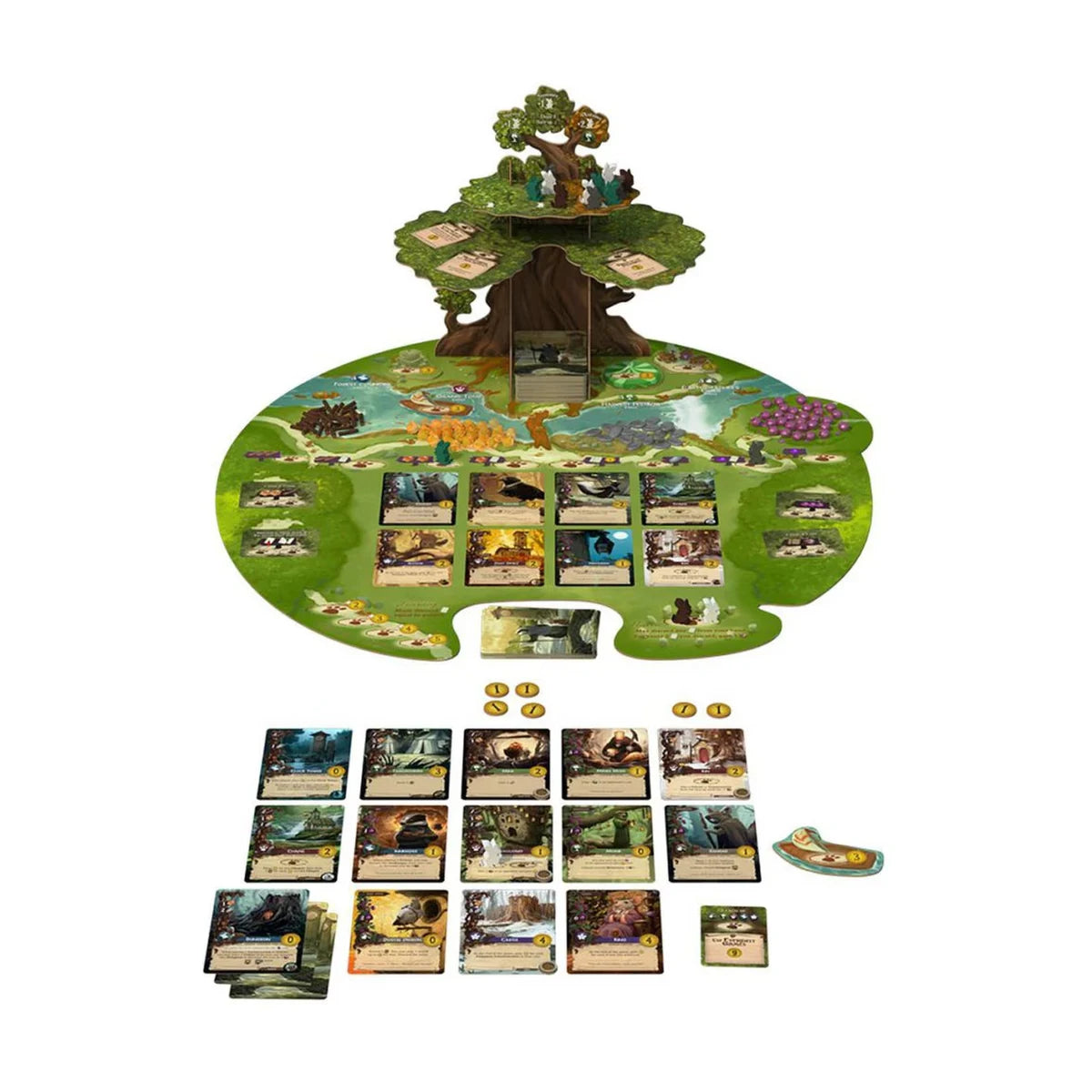 Everdell Standard Edition game setup with board, Ever Tree, cards, workers and resources