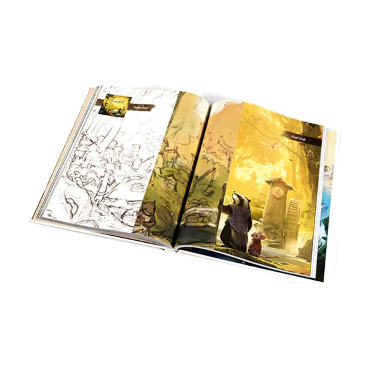 Open Everdell Tales from the Green Acorn book showing illustrated lore and Everdell artwork
