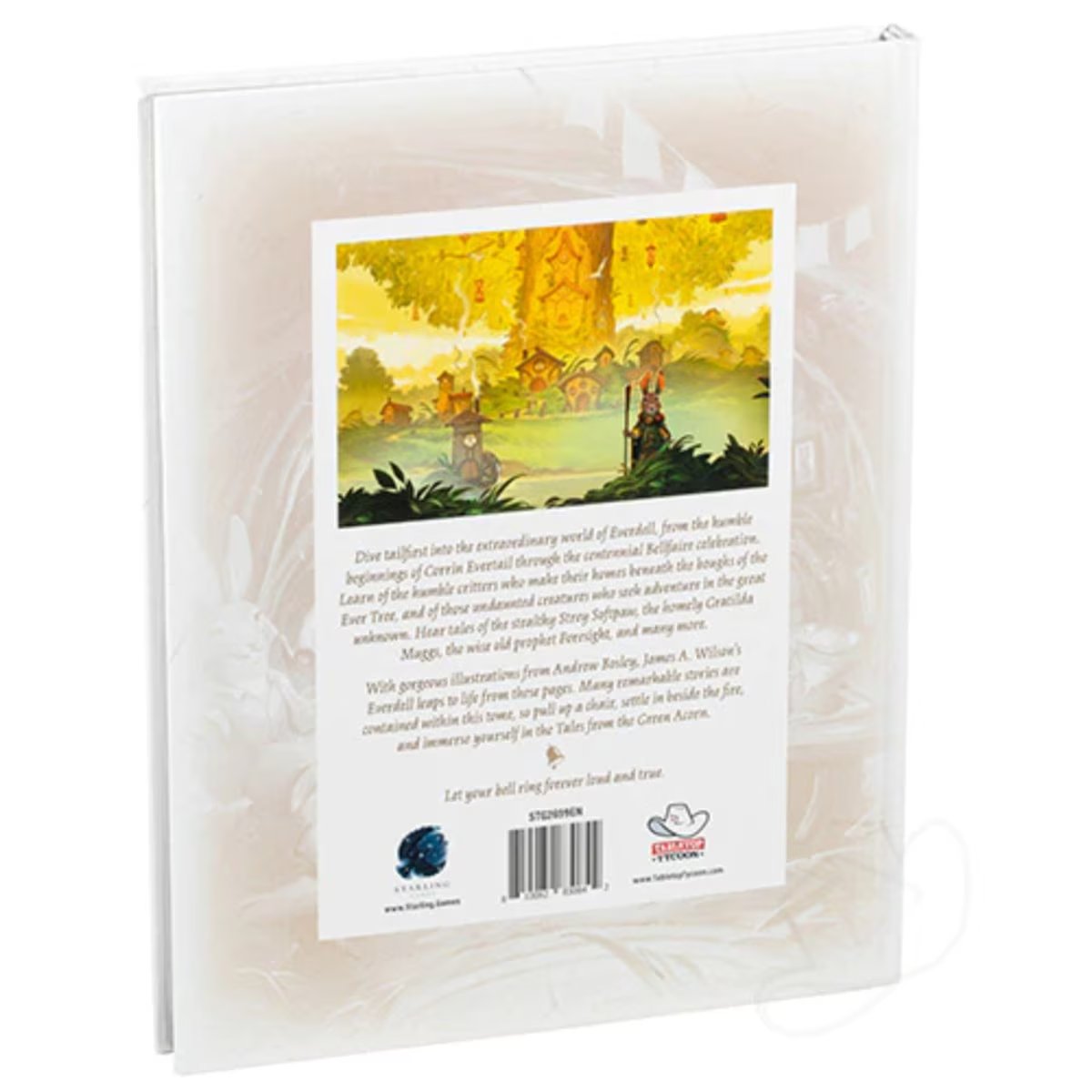 Back of Everdell Tales from the Green Acorn hardcover companion book with Everdell artwork and description