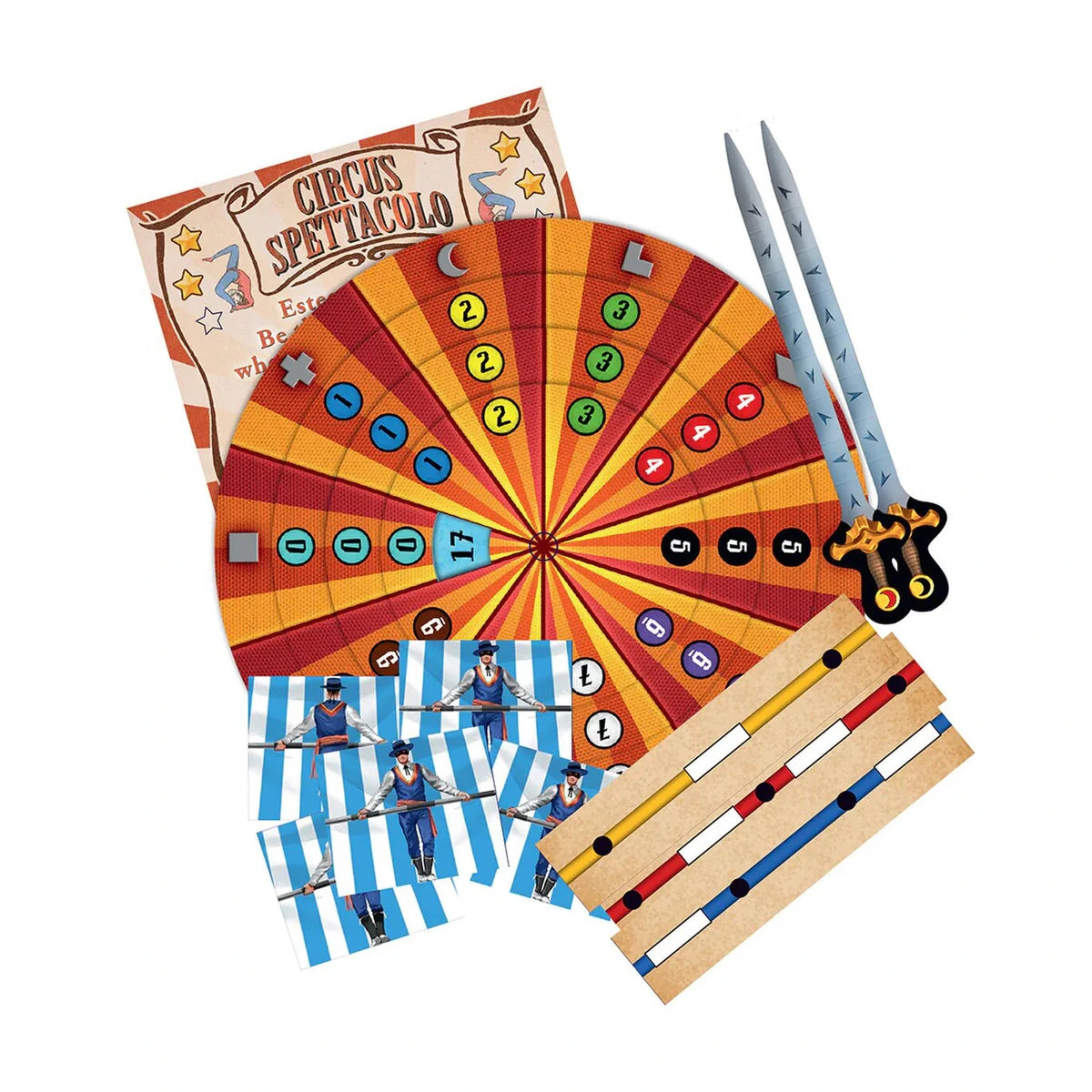 EXIT The Circus Mystery board game components with decoder disk, cards, circus ring and puzzle items