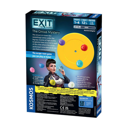 Back of EXIT The Circus Mystery escape room board game showing contents and circus burglary mystery details