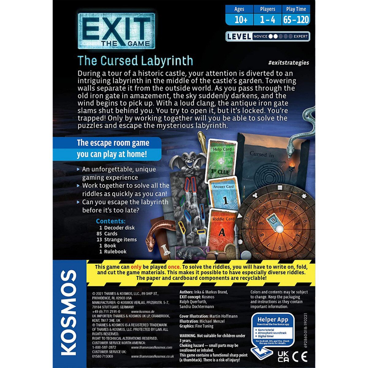 EXIT The Cursed Labyrinth board game back of box showing contents and cooperative escape room details