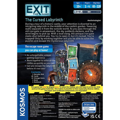 EXIT The Cursed Labyrinth board game back of box showing contents and cooperative escape room details
